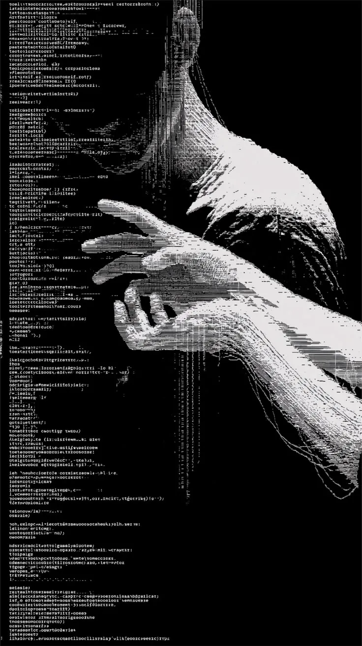 Графика в стиле ASCII: руки и плечо человека, собранные из штрихов, слева колонки программного кода